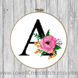 Letter A Floral Monogram Cross Stitch Pattern, Name Cross Stitch, Capital Letter Cross Stitch, Baby Cross Stitch, Flower Cross Stitch