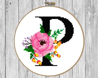 Letter P Floral Monogram Cross Stitch Pattern, Modern Cross Stitch Pattern Alphabet, Cross Stitch Font Floral, Small Cross Stitch Pattern