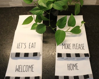 Rustic embroidered kitchen towels, Home, Welcome, Let's Eat, More Please, farmhouse chic, house warming gift, gingham, country dish towel