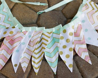 gold mint blush dots chevron bunting, rose gold banner, Michael Miller Glitz, nursery decor, baby shower decoration, infant wall hanging