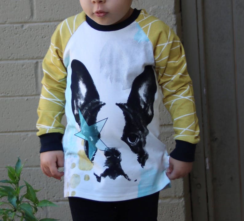 Puede incluir: Una camisa blanca de manga larga con mangas a rayas amarillas y blancas. La camisa presenta una ilustraci&oacute;n en blanco y negro de un bulldog franc&eacute;s con una estrella azul sobre el ojo.