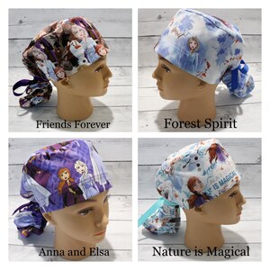 Frozen Flat Front Style Ponytail Scrub Hat with elastic, Disney Health Worker scrub cap, Surgical cap, Nurses cap, Doctors cap