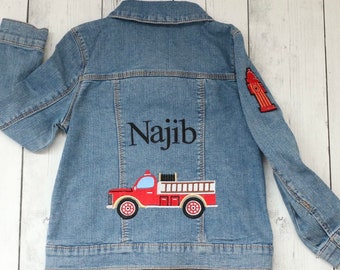 Kids Firefighter jacket, Denim Embroidered Fire Truck jacket, Fireman, Toddler Fire truck jacket,