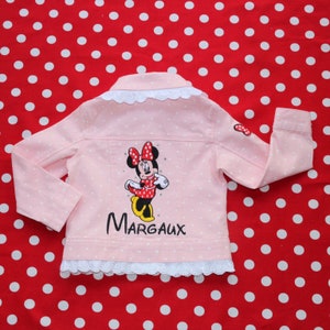 Girls Embroidered pink Polka dot Disney jacket lace trim, Minnie Mouse outfit, Disney top, Kids Disney pink denim, girls Minnie mouse jacket