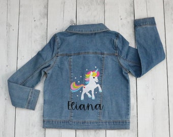 Chaqueta de mezclilla bordada de unicornio arcoíris con cristales, top de unicornio para niños pequeños, top de arco iris de unicornio para niñas, cumpleaños de unicornio, cristales