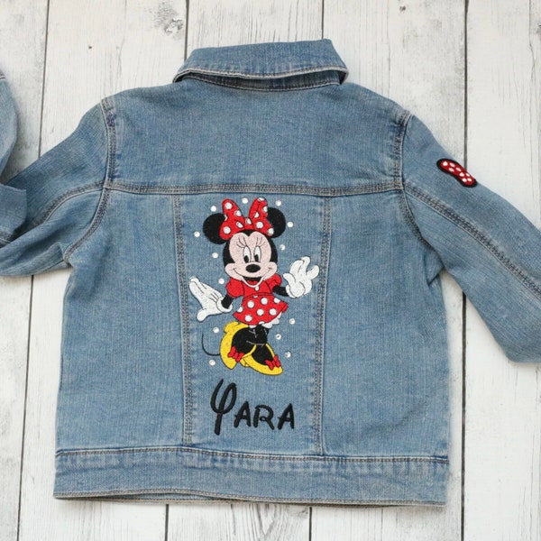 Girls Red Embroidered Disney jacket, rhinestone crystals, Minnie Mouse top, Disney denim outfit,Kids Disney denim, girls Minnie Mouse