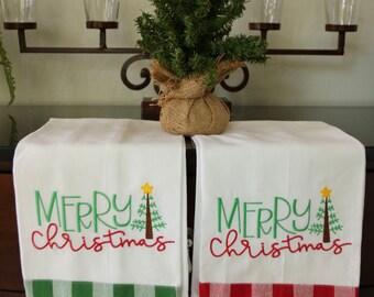 Merry Christmas embroidered kitchen towels, Holiday guest towels, Holiday hostess towels, Christmas gift, Happy Holidays, Holiday gift, xmas