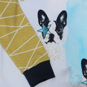 Puede incluir: Camiseta blanca de manga larga con un patr&oacute;n geom&eacute;trico en una manga y un bulldog franc&eacute;s blanco y negro con una estrella azul sobre el ojo en el otro lado. El fondo es una acuarela azul y blanca.