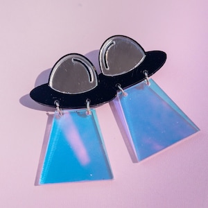 UFO Spaceship Earrings, Flying Saucer Dangles with Holographic Beam, Metallic Laser Cut Earrings