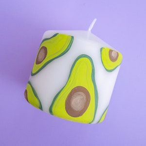 Painted Avocado Print Pillar Candle, Decorative Fruit Pattern Paraffin Wax Candles, Unscented White