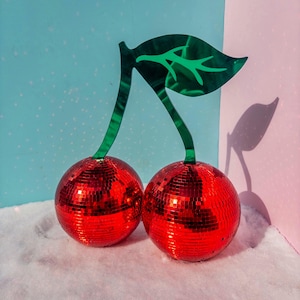 Disco Cherry with Stem, Red Mirror Ball Party Décor, Fruit Disco Tile