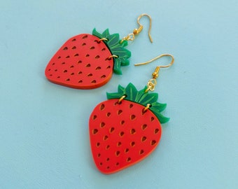Strawberry Earrings, Fruit Berry Dangles with Engrave Details, Unique Laser Cut Earrings