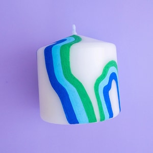 Painted Modern Blue Line Print Pillar Candle, Decorative Linear Pattern Paraffin Wax Candles, Unscented White