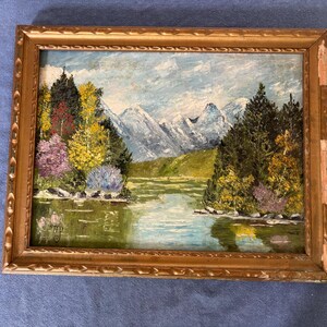 Autumn Mountain Scene on Lake; Oil on Board Landscape