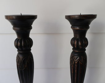 Tall Wooden Candlesticks; Pair