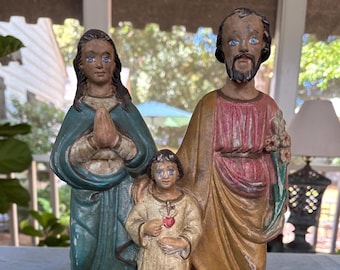 Estatua de cerámica de la Sagrada Familia con José, María y Jesús; Vintage