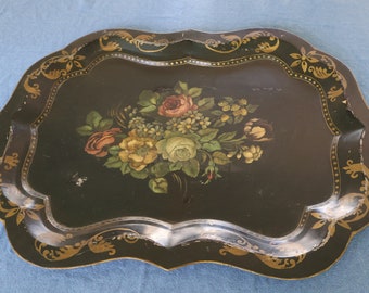 Antique Black Tole Tray with Hand Painted Flowers