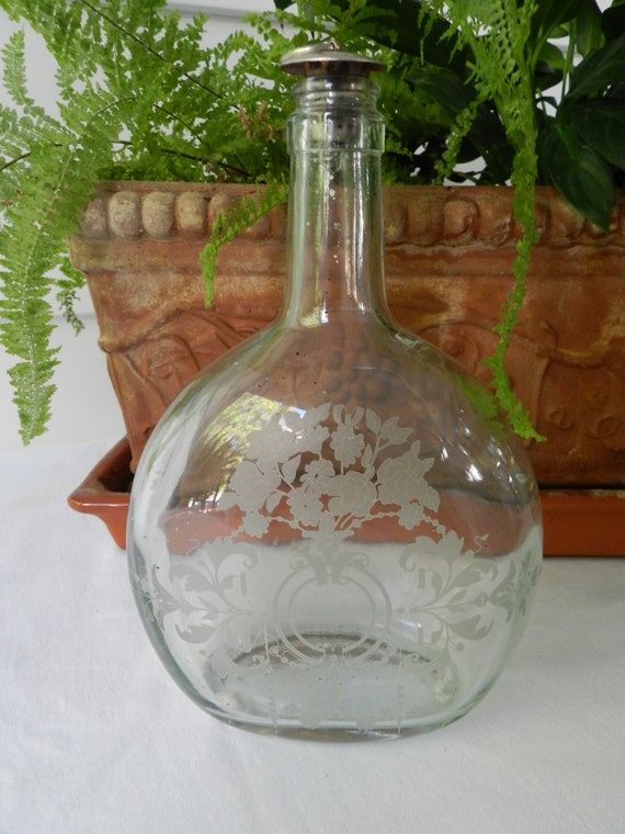 Beautiful French Etched Cologne Bottle with Stoppe