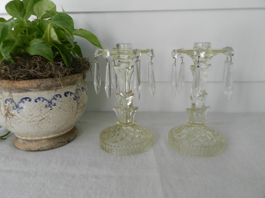Depression Glass Candlesticks With Prisms Etsy