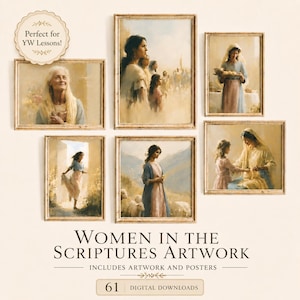 May include: A collection of six framed digital art prints depicting various scenes of women in historical attire. The text reads: Perfect for YW Lessons! WOMEN IN THE SCRIPTURES ARTWORK INCLUDES ARTWORK AND POSTERS 61 DIGITAL DOWNLOADS.