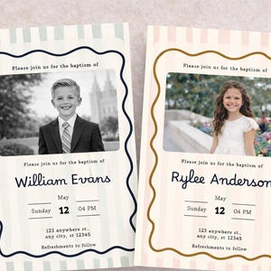 May include: Two baptism invitations with photos of children. The invitations have a striped background and decorative borders. The text includes names, dates, times, and location details. The invitations are for William Evans and Rylee Anderson.