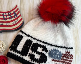 Handmade Red White Blue Beanie Hat - Pom Pom Hat With 
