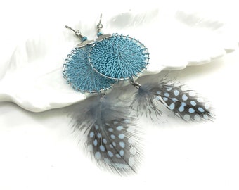 Finger knitted DREAMCATCHER earrings, light blue with real feathers