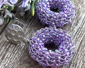 wire crochet lavender colored copper wire donut/ring earrings with purple colored rocaille beads
