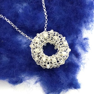 wire crochet sterling silver donut/ring pendant with moonstones w/wo sterling silver chain/necklace, from...