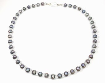 unique medium length grey shimmering freshwater pearl necklace with rock crystal beads