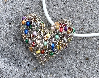 wire crochet HEART pendant rocailles or crystal beads on stainless steel choker or ribbon - color choice