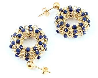 gold-filled EAR PINS with wire crochet gold-filled mini donuts and blue sapphire beads