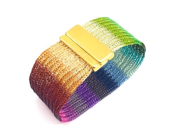 double wire crochet rainbow colored CUFF BRACELET with gold colored magnetic clasp