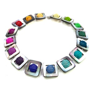 statement RAINBOW necklace/choker - mother of pearl squares and wire crochet bubbles