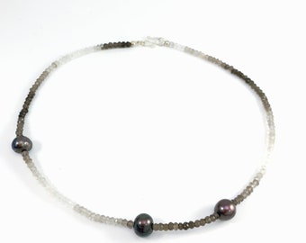 short smokey quartz and rock crystal necklace with freshwater pearls