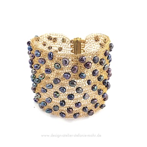 wire crochet gold plated cuff bracelet with keshi freshwater pearls