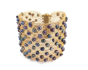 wire crochet gold plated cuff bracelet with keshi freshwater pearls