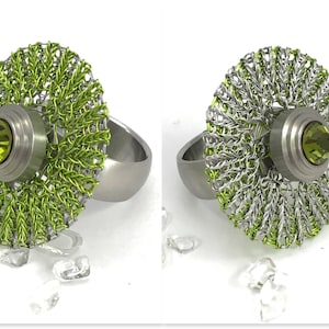 stainless steel changeable ring with 2-sided wire crochet disc, stainless steel and green colored copper wire, only disc from...
