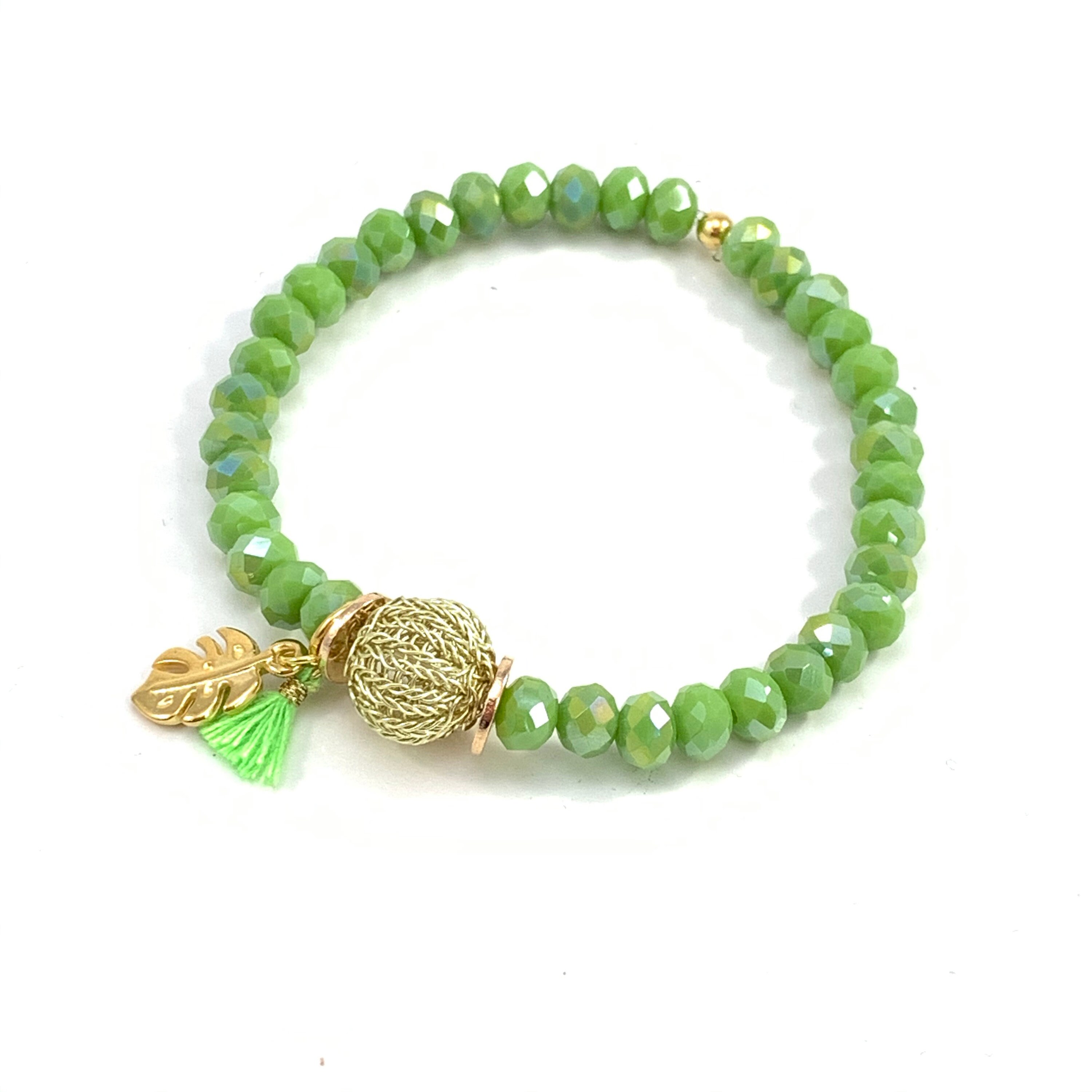 Elastic green crystal bead bracelet with light gold colored Etsy