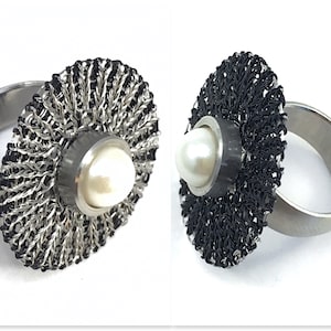 stainless steel changeable ring with 2-sided wire crochet disc, stainless steel and black colored copper wire, only disc from...