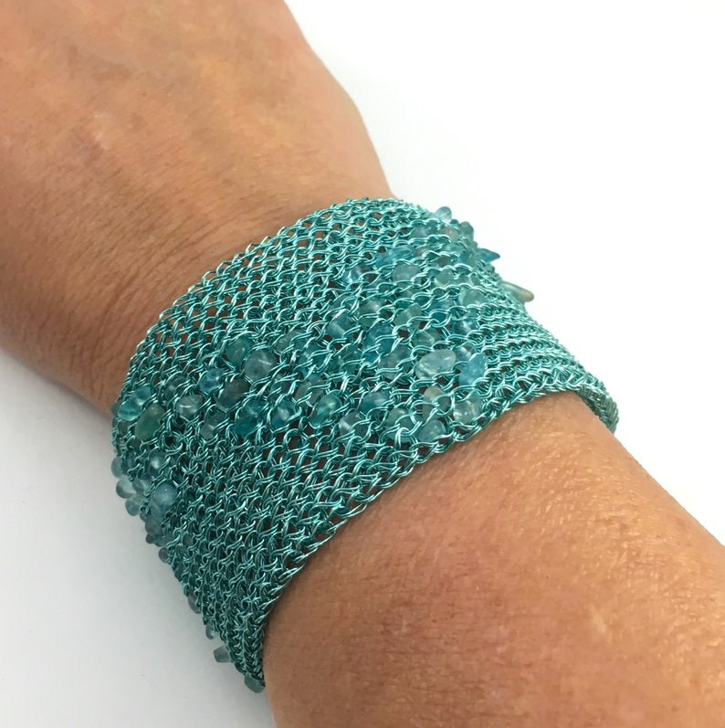 wire crochet cuff bracelet ocean turquoise with apatite chips