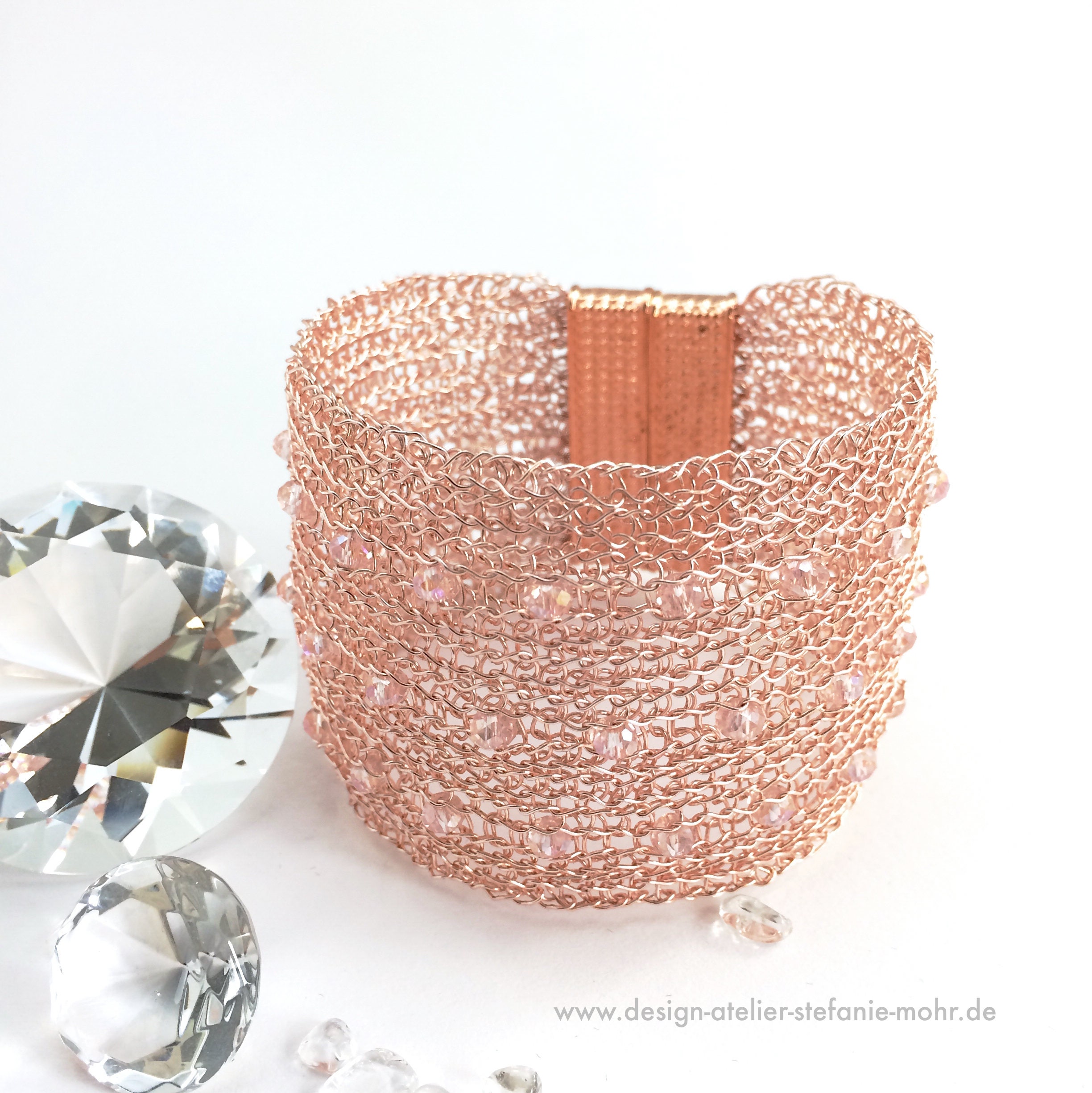 wire crochet cuff bracelet, rose gold with sparkling crystal beads