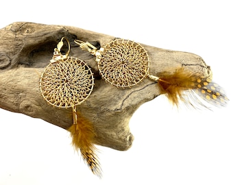 Finger knitted DREAMCATCHER earrings, gold colored with real feathers