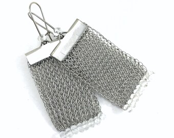 finger knitted stainless steel earrings with rock crystals
