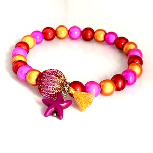 orange-red-pink - elastic magic bead bracelet with double wire crochet tricolor mini bubble