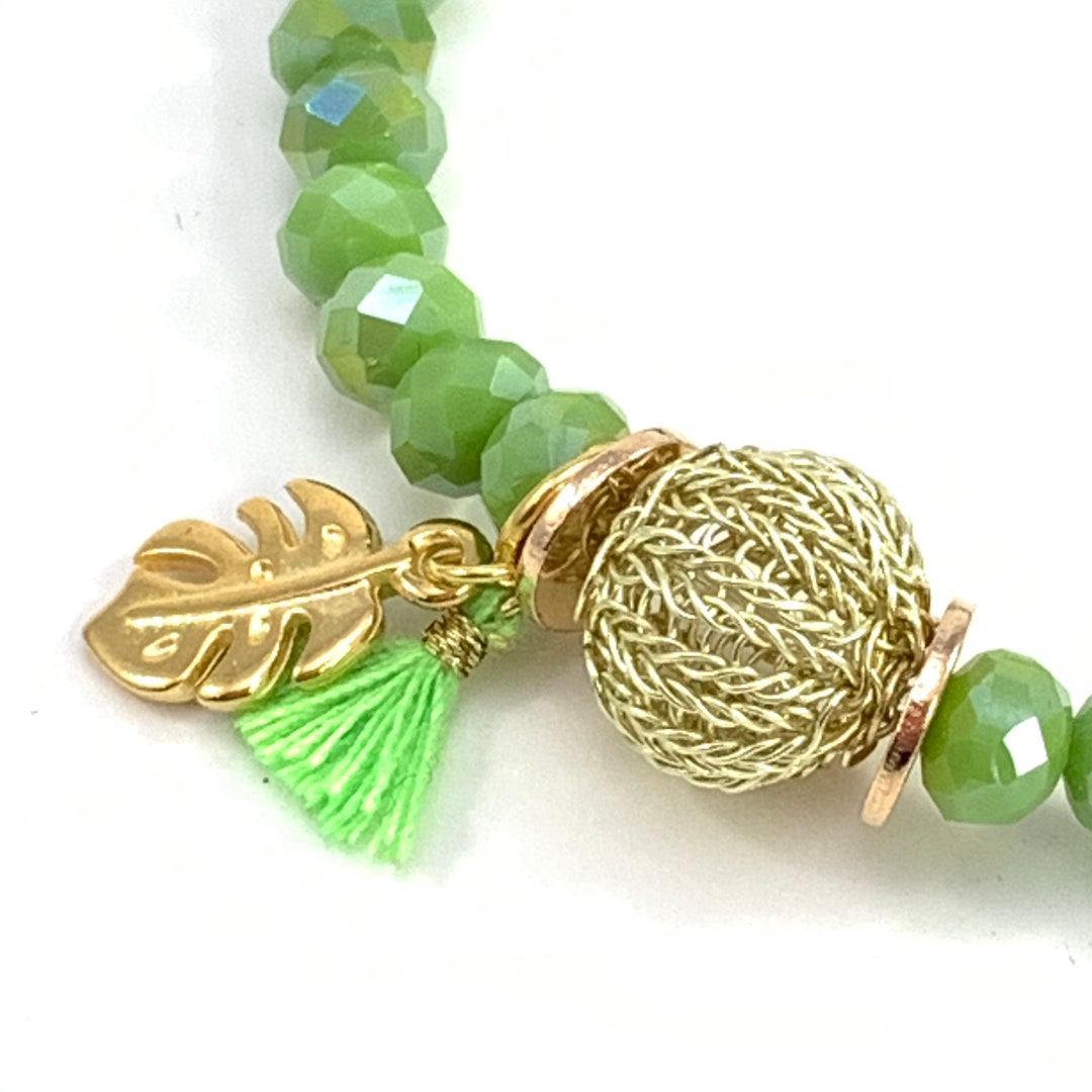 Elastic Green Crystal Bead Bracelet With Light Gold Colored Etsy