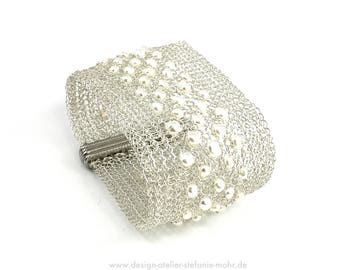 wire crochet CUFF BRACELET, silver plated, tarnish protected with freshwater pearls