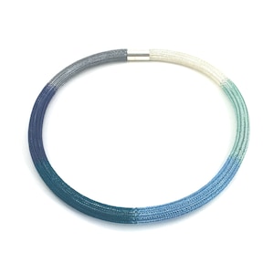 hand made double wire crochet BLUE OCEAN tube necklace in shades of blue and turquoise