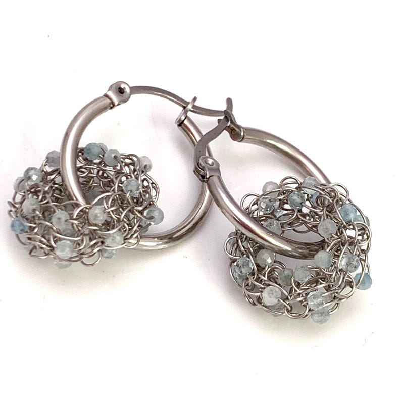 Wire Crochet Mini Donuts, Stainless Steel With Facetted Aquamarine