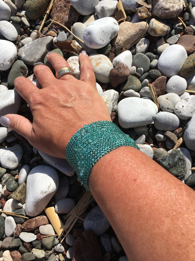 wire crochet cuff bracelet ocean turquoise with apatite chips